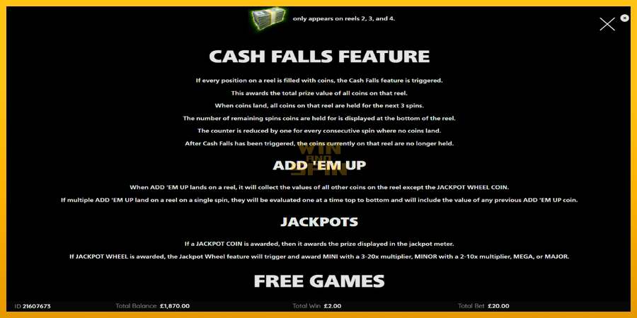 Cash Falls: Add Em Up Gold dirua lortzeko joko-makina, irudia 6