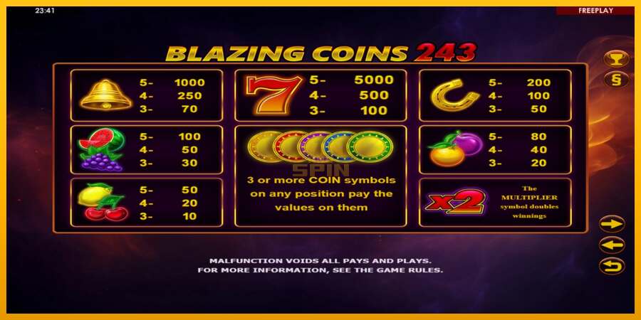 Blazing Coins 243 dirua lortzeko joko-makina, irudia 4