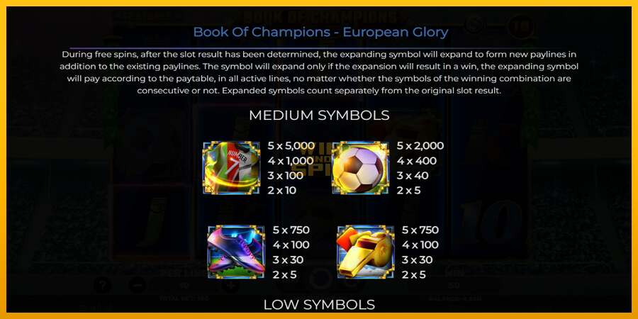 Book of Champions - European Glory dirua lortzeko joko-makina, irudia 5