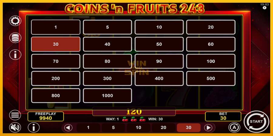 Coinsn Fruits 243 dirua lortzeko joko-makina, irudia 7