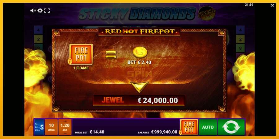 Sticky Diamonds Red Hot Firepot dirua lortzeko joko-makina, irudia 4