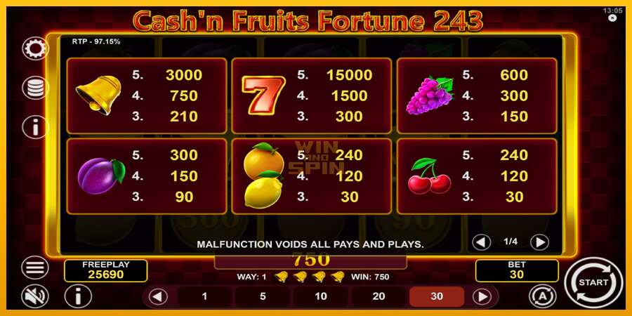 Cashn Fruits Fortune 243 dirua lortzeko joko-makina, irudia 6